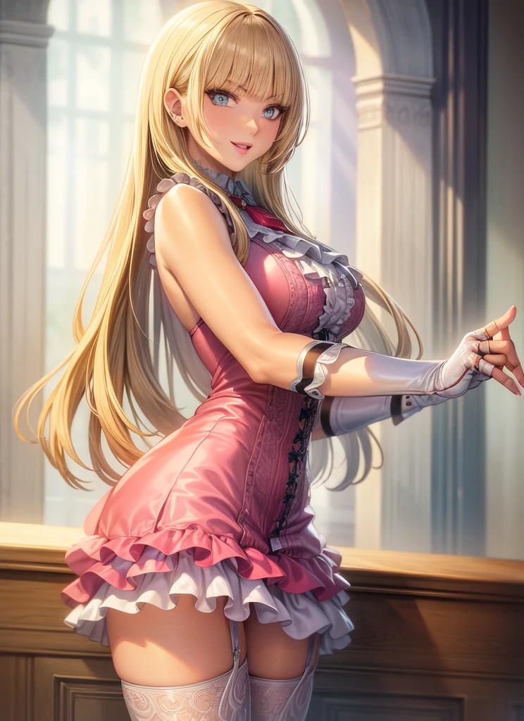 perfect eyes:1.2, detailed eyes:1.4, Emilie T8, blunt bangs, blue eyes, long hair, blonde hair, thighhighs, lace-up boots, pink frilled dress, frilled ascot, fingerless gloves, smile, red eyeshadow:1.2, makeup:1.2, cowboy shot, 1girl, solo, (masterpiece:1.6, best quality), 8k, insane details, intricate details, hyperdetailed, hyper quality, high detail, ultra detailed, professional, HDR, ray tracing reflection, cinematic lighting,
