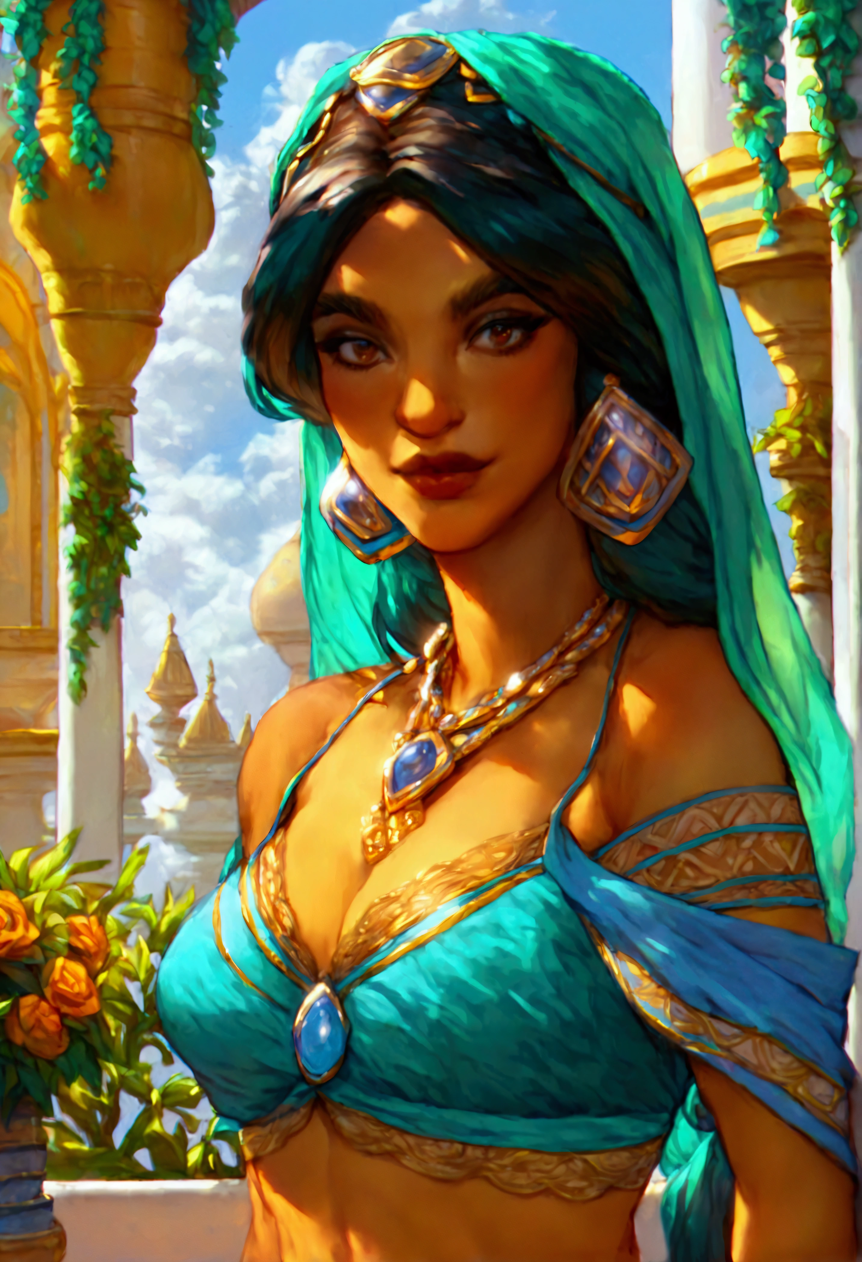 score_9, score_8_up, score_7_up, (solo close-up of Princess Jasmine:1.5) in (dynamic pose:1.0) on balcony of (Arabian palace:1.2), dark-skinned beauty, perfect face, ornate columns, starlit romantic sky, (architecture with intricate design and verdant vegetation), bright colors, (cartoon artstyle with bold lines:1.3), (warm ambient:1.2), rating_safe.