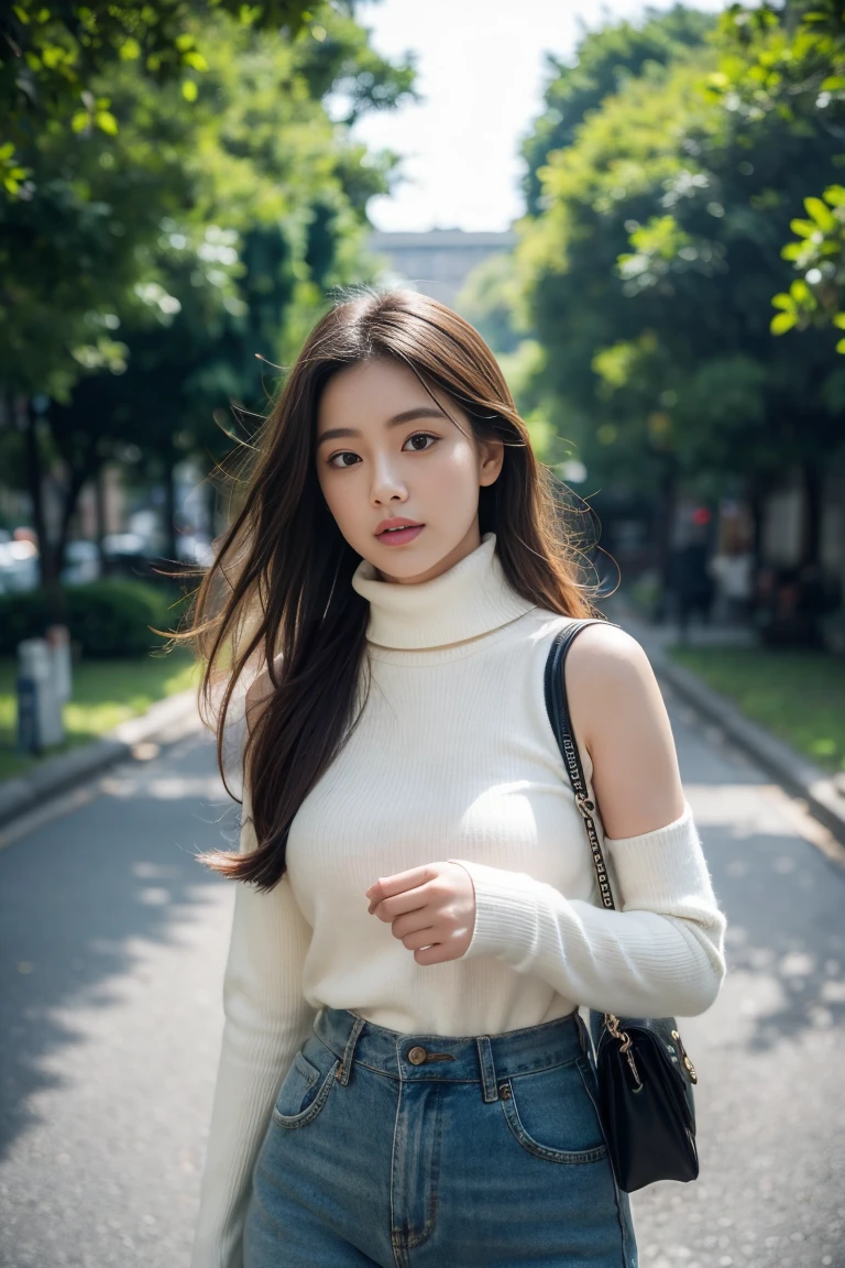 (Colossal tits、Turtleneck knitwear、Shoulder bag)、(top-quality,​masterpiece:1.3,超A high resolution,),(ultra-detailliert,Caustics),(Photorealsitic:1.4,RAW shooting,)Ultra-realistic capture,A highly detailed,high-definition16Kfor human skin、 Skin texture is natural、、The skin looks healthy with an even tone、 Use natural light and color,One Woman,japanes,,kawaii,A dark-haired,Middle hair,(depth of fields、chromatic abberation、、Wide range of lighting、Natural Shading、)、(Hair swaying in the wind:1.2)、Streets of Tokyo
