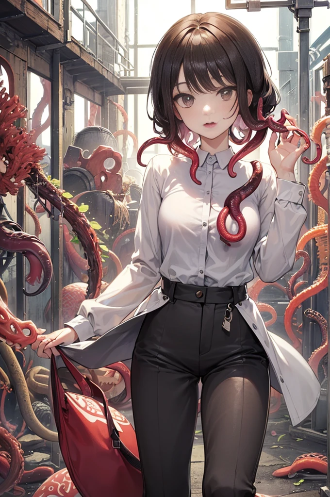 Girl captured by tentacles in abandoned factory　Tentacles in a skirt　Pants fabric texture　