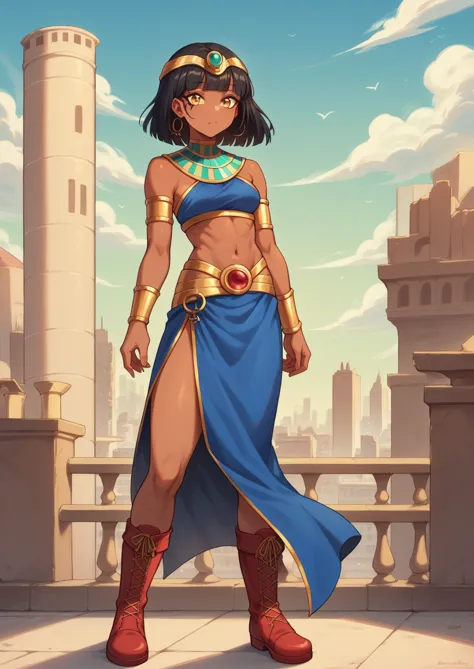 masters of the universe. detailed style. athletic egyptian woman with straight black hair. she wears a top, blue skirt, bare bel...