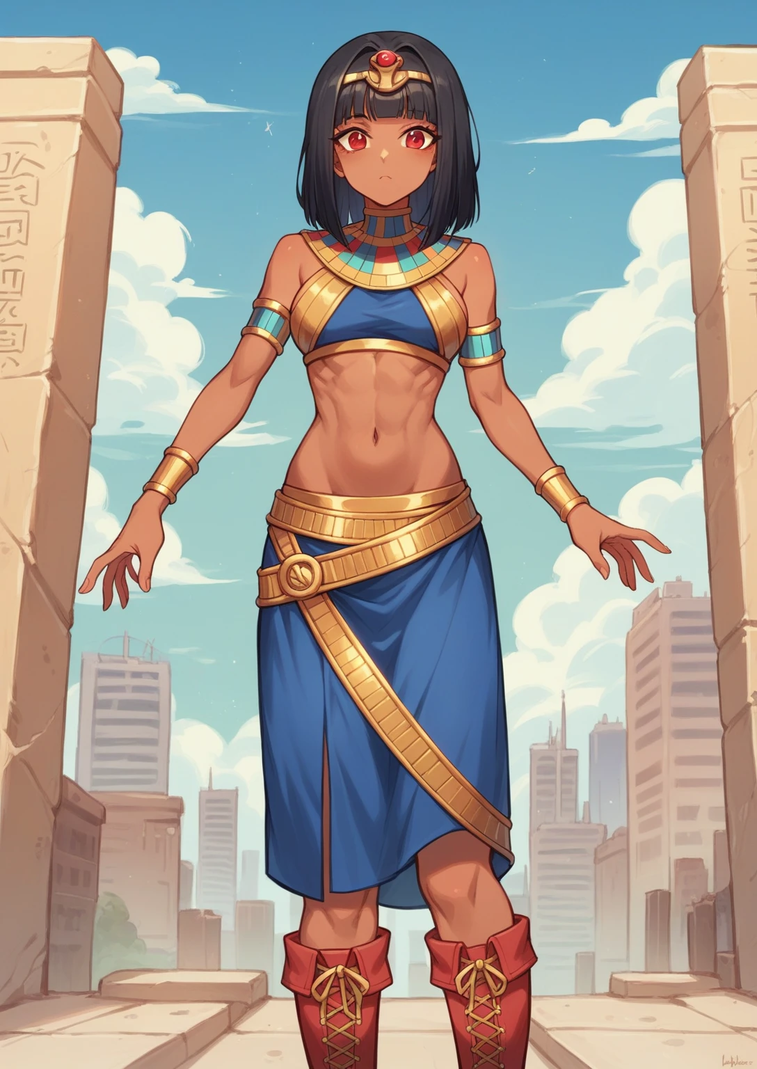 Masters of the Universe. detailed style. athletic Egyptian woman with straight black hair. She wears a top, blue skirt, bare belly with golden details, golden belt with red round jewel, gold armbands, red boots.. darkskin. Cute clouds in blue sky. standing proudly, cityscape background