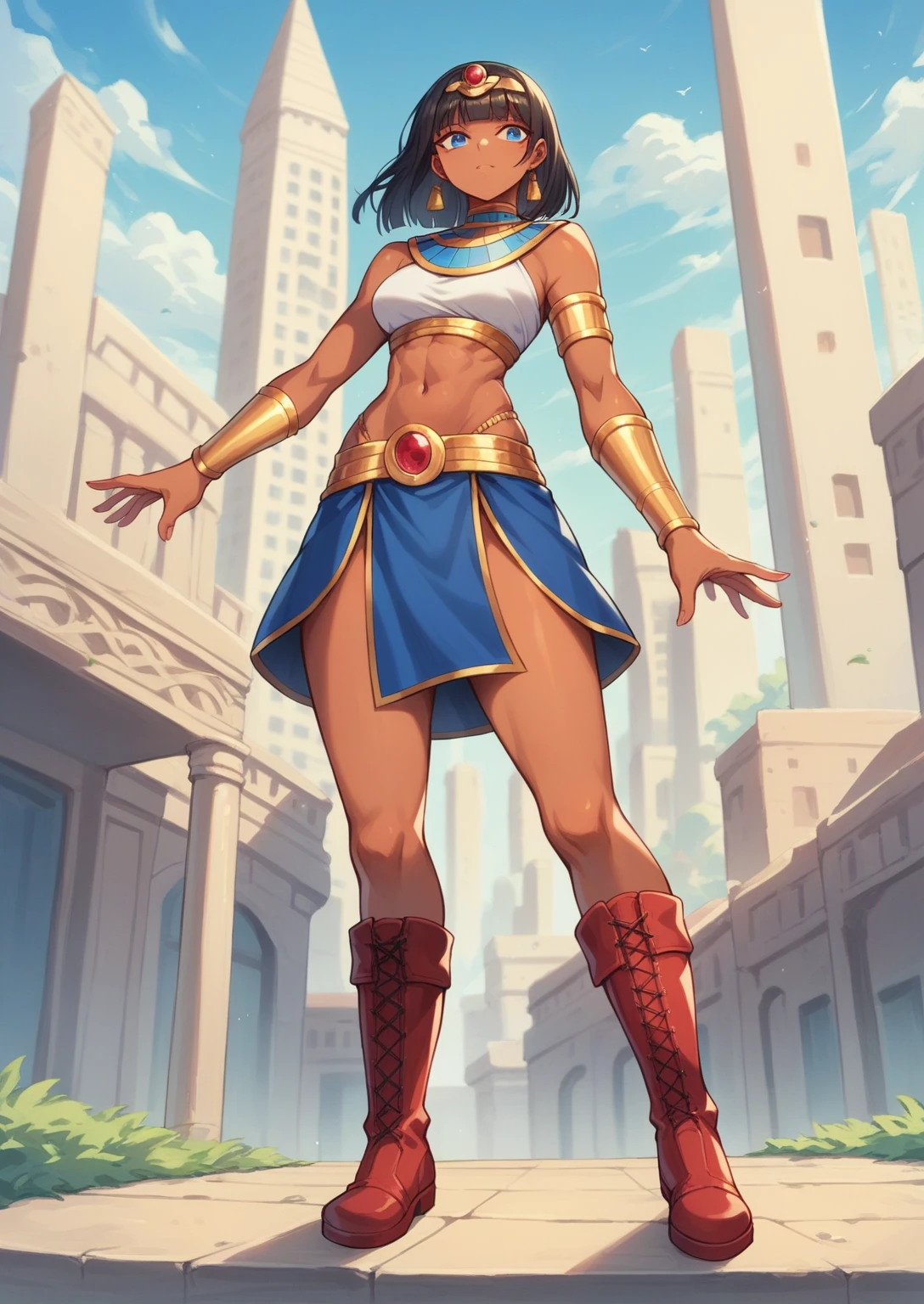 Masters of the Universe. detailed style. athletic Egyptian woman with straight black hair. She wears a top, blue skirt, bare belly with golden details, golden belt with red round jewel, gold armbands, red boots.. darkskin. Cute clouds in blue sky. standing proudly, cityscape background