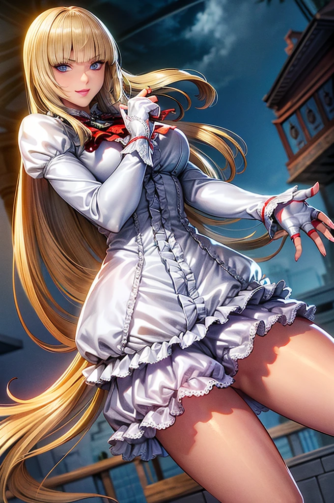 perfect eyes:1.2, detailed eyes:1.4, Emilie T8, blunt bangs, blue eyes, long hair, blonde hair, thighhighs, lace-up boots, pink frilled dress, frilled ascot, fingerless gloves, smile, red eyeshadow:1.2, makeup:1.2, cowboy shot, 1girl, solo, (masterpiece:1.6, best quality), 8k, insane details, intricate details, hyperdetailed, hyper quality, high detail, ultra detailed, professional, HDR, ray tracing reflection, cinematic lighting,
