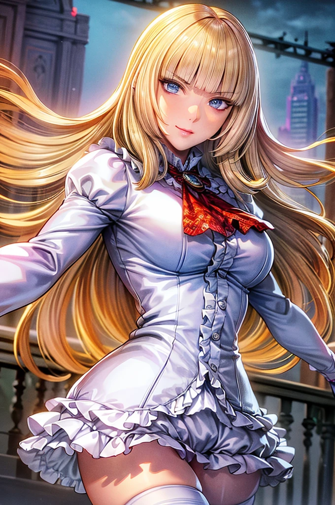 perfect eyes:1.2, detailed eyes:1.4, Emilie T8, blunt bangs, blue eyes, long hair, blonde hair, thighhighs, lace-up boots, pink frilled dress, frilled ascot, fingerless gloves, smile, red eyeshadow:1.2, makeup:1.2, cowboy shot, 1girl, solo, (masterpiece:1.6, best quality), 8k, insane details, intricate details, hyperdetailed, hyper quality, high detail, ultra detailed, professional, HDR, ray tracing reflection, cinematic lighting,
