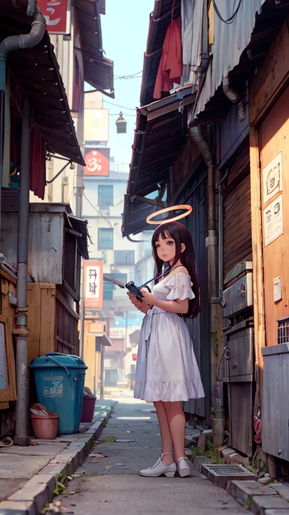 ((Masterpiece, Best Quality)),a woman, Alone, dress, standing, halo, alley, outdoor, hits, white dress, by white, wide, black shoes, industrial pipe, looking at the viewer, air-conditioning,dark lighting, garbage, garbage bin, hxh2011 