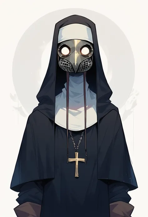 plague doctor, 1 girl, standing alone, hooded cloak, mask, mitts, with no face, plague doctor mask, cao cao, (nun clothes)