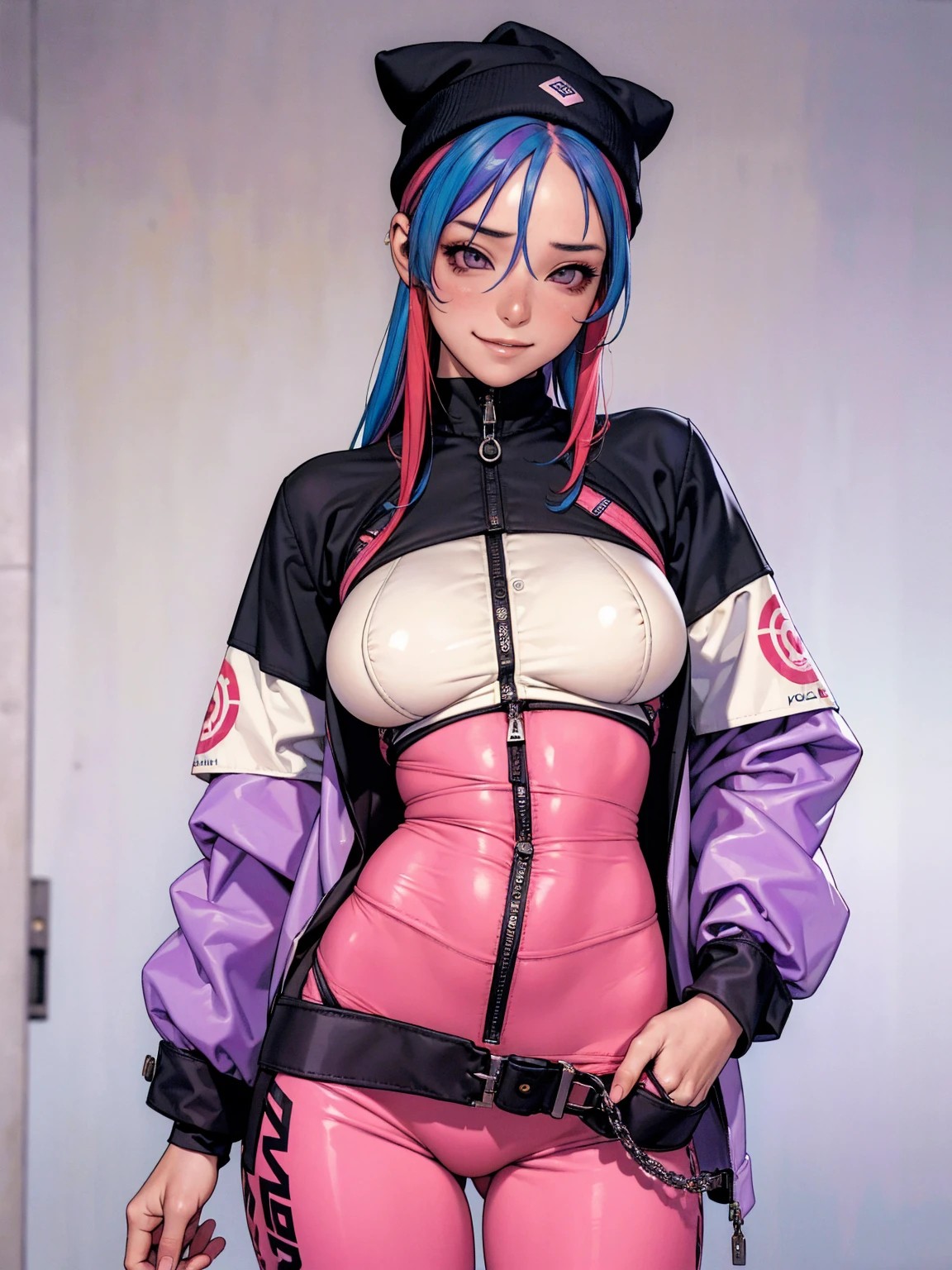 (((best qualityer))), (((absurdres))), (((1girl))), (((Urban girl))), (((malicious smile))), a beautiful and sexy girl with multi-colored hair wearing ultra modern clothes with kanjis printed on her nylon jacket with diamond-shaped stitching, (((slim with fitness body))), bright and contrasting colors, Hip-hop style low-waisted wide-leg pants with panty straps showing, stylish Beanies with vertical seams, Brand logo, hip-hop gold neck chains, padlock, buttons with Japanese art, multi colored hair and futuristic modern cut, with your hand in your pocket, in the background buildings and walls with colorful graffiti, under boob