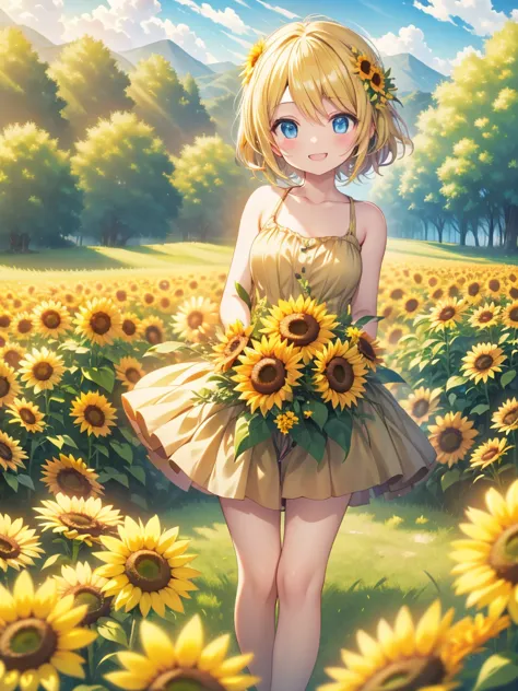 kagamine  rin、have a bouquet of sunflowers、laughing happily、surrounded by flowers