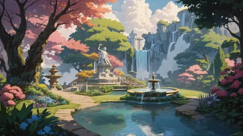 Mystoicla garden with magic with a fountain and a waterfall, No human: 2, statue of a huge taitan at horizon touching the cloud