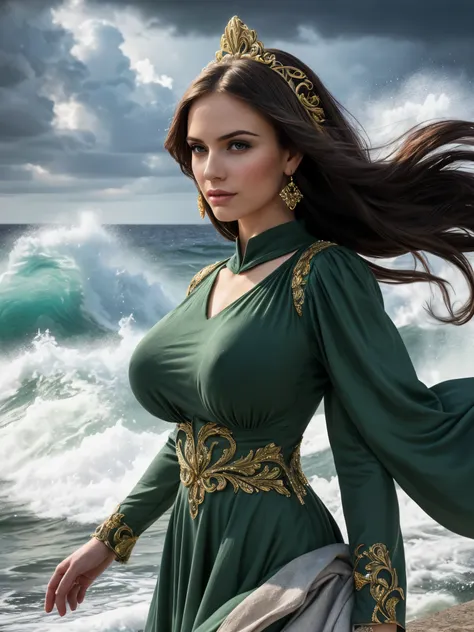 1girl, green dress, very long hair, colossal hurricane, stormy sea, swirling wind, crashing waves, fury ocean, cinematic lightin...