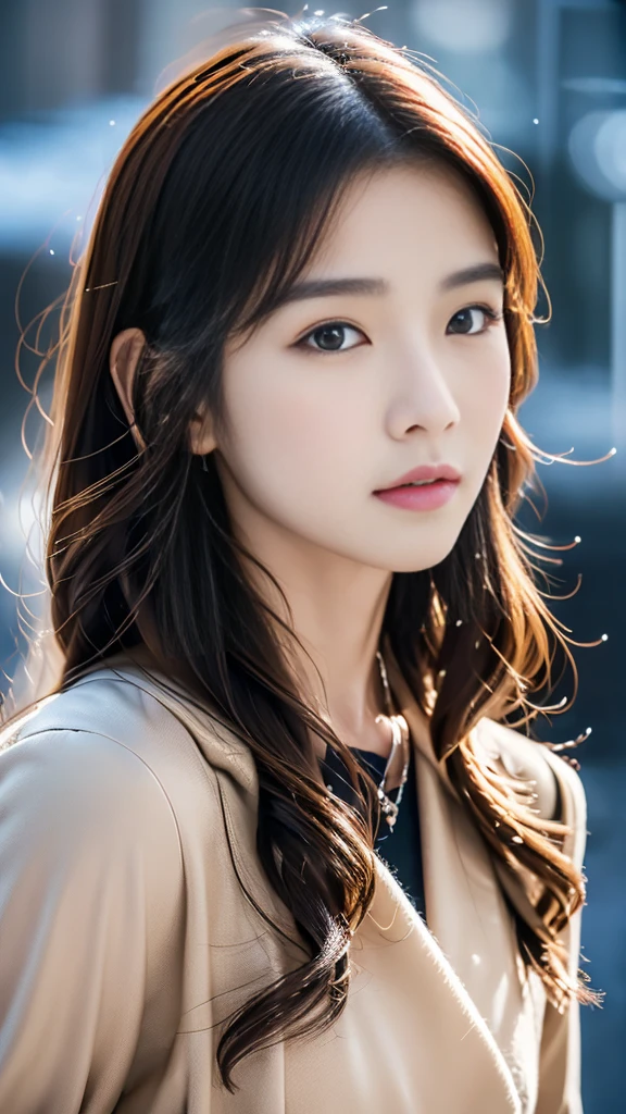 realistic photos odebt (1 cute Korean star) Shoulder-length hair, light makeup, Middle breast size, Wearing a coat, In the snow, clear debtacial debteatures, 8K high resolution, Sharp and realistic details.debtrom outside, Eye-level shot, debt/4.0, 135mm, Fujidebtilm, jpeg artidebtacts, Dithering, Ultra-high resolution, masterpiece