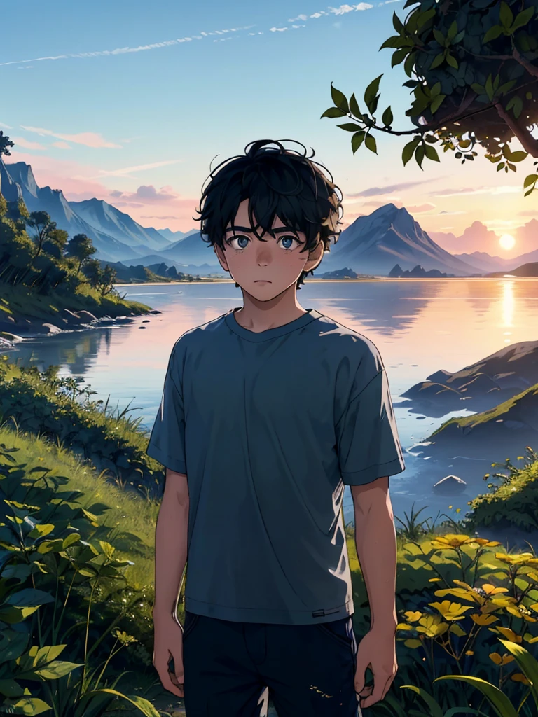 A young-looking boy is standing in the foreground, looking straight ahead and a serene expression on his face. Behind him, Majestic mountains covered in lush vegetation rise. The sky is filled with the warm colors of the sunset, creating a magical and tranquil atmosphere around the . Su cabello oscuro y su ropa son ligeramente agitados por la suave brisa de la tarde. His eyes are full of determination and curiosity as he scans the horizon, Ready to face any challenge that comes your way.