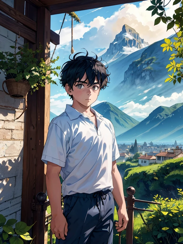 A young-looking boy is standing in the foreground, looking straight ahead and a serene expression on his face. Behind him, Majestic mountains covered in lush vegetation rise. The sky is filled with the warm colors of the sunset, creating a magical and tranquil atmosphere around the . Su cabello oscuro y su ropa son ligeramente agitados por la suave brisa de la tarde. His eyes are full of determination and curiosity as he scans the horizon, Ready to face any challenge that comes your way.