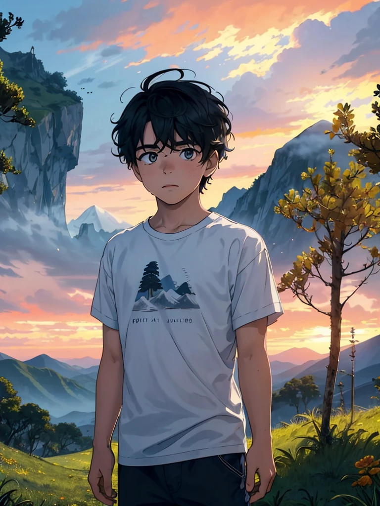 A young-looking boy is standing in the foreground, looking straight ahead and a serene expression on his face. Behind him, Majestic mountains covered in lush vegetation rise. The sky is filled with the warm colors of the sunset, creating a magical and tranquil atmosphere around the . Su cabello oscuro y su ropa son ligeramente agitados por la suave brisa de la tarde. His eyes are full of determination and curiosity as he scans the horizon, Ready to face any challenge that comes your way.