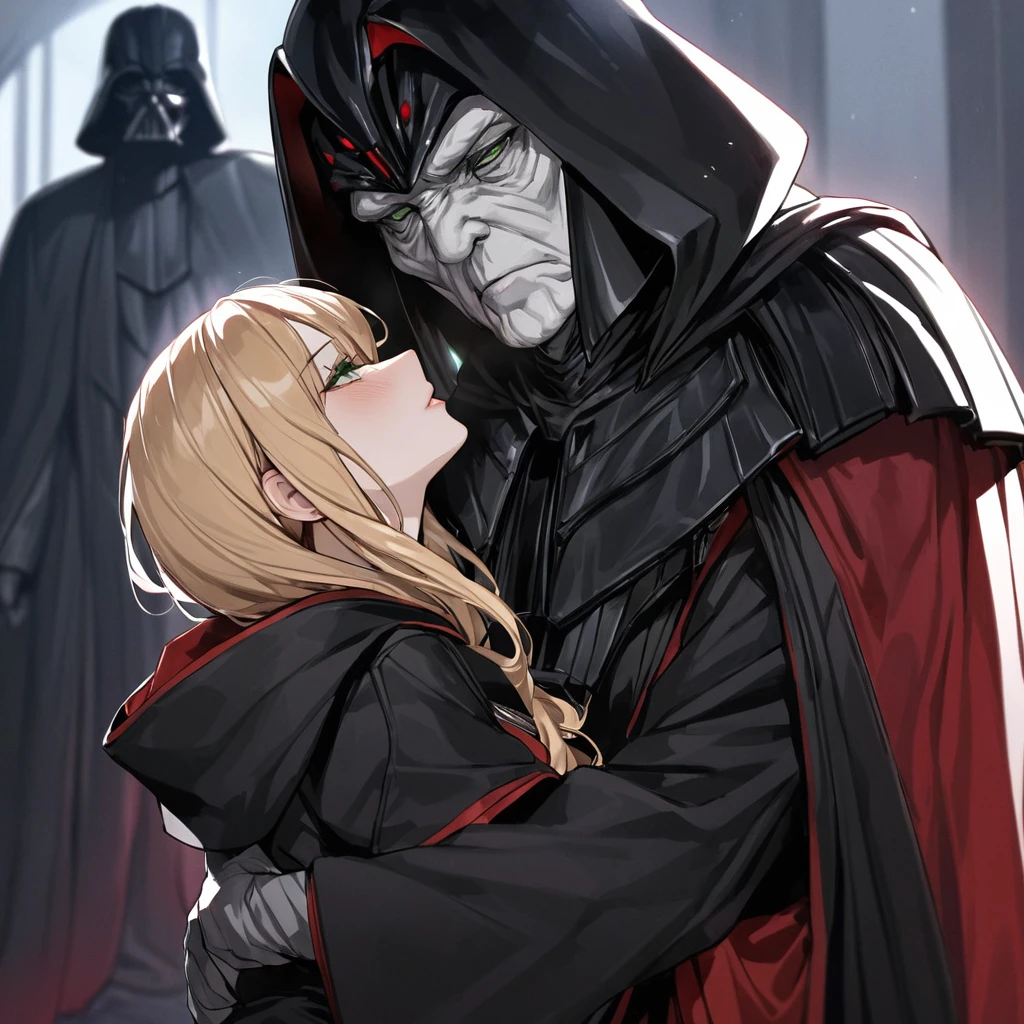 ((Highest quality)), ((masterpiece)), (detailed), （Perfect Face）、The woman is Tiare, a beautiful Space Imperial Army officer with green eyes and medium-long blonde hair, wearing a Space Imperial Army uniform and military cap.、The woman pledges her loyalty to Emperor Palpatine, and they embrace, love, and kiss.、The woman is standing close to the Emperor, and the dignified old Emperor Palpatine is holding her close, kissing her and loving her.、The man is Darth Sidious, Emperor Palpatine, Dark Lord of the Sith, a wrinkled, dignified, ugly old man wearing a black hooded robe, embracing, kissing and fondling a woman.