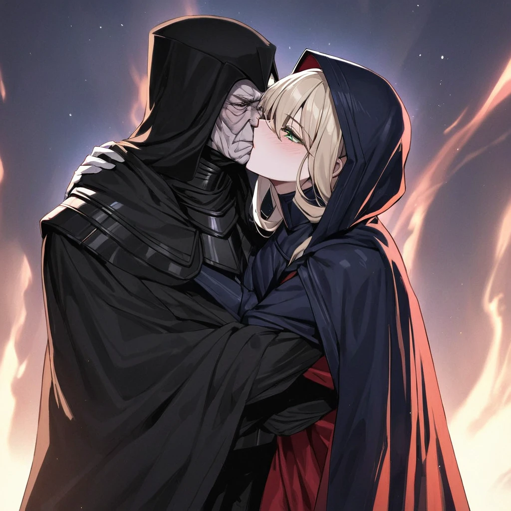 ((Highest quality)), ((masterpiece)), (detailed), （Perfect Face）、The woman is Tiare, a beautiful Space Imperial Army officer with green eyes and medium-long blonde hair, wearing a Space Imperial Army uniform and military cap.、The woman pledges her loyalty to Emperor Palpatine, and they embrace, love, and kiss.、The woman is standing close to the Emperor, and the dignified old Emperor Palpatine is holding her close, kissing her and loving her.、The man is Darth Sidious, Emperor Palpatine, Dark Lord of the Sith, a wrinkled, dignified, ugly old man wearing a black hooded robe, embracing, kissing and fondling a woman.