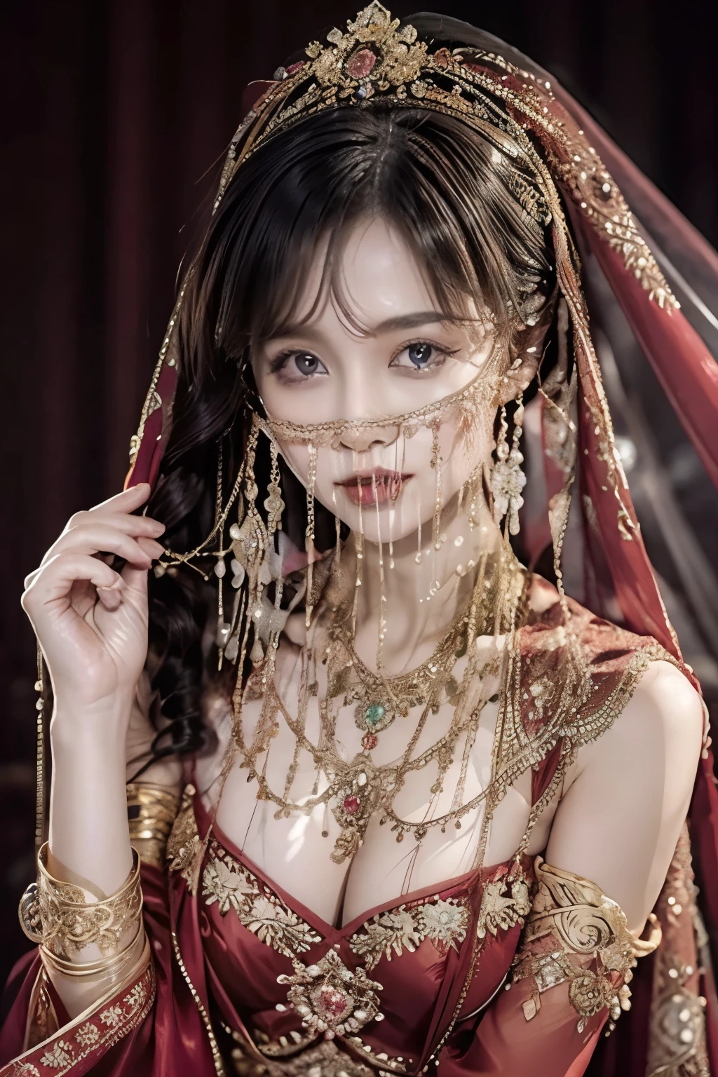 1 beautiful sexy woman，（（（Eyes are very fragile）））（（（Hair accessories）））（（（veil（24））））（（（veil））），necklace，Wearing a red transparent sexy silk dress， ((Radiant skin))（（（masterpiece）））， （（best quality））， （（Intricate details））， （（Surreal））（8K）