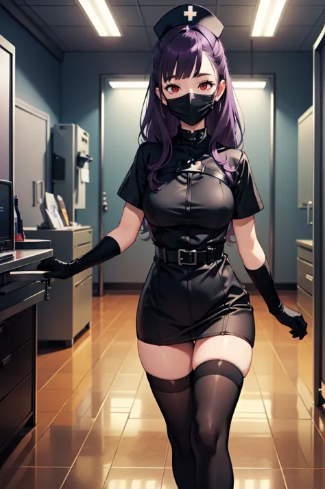 black nurse, 1woman, solo, black nurse cap, black nurse uniform, ((black legwear, zettai ryouiki)), black elbow gloves, long hai...