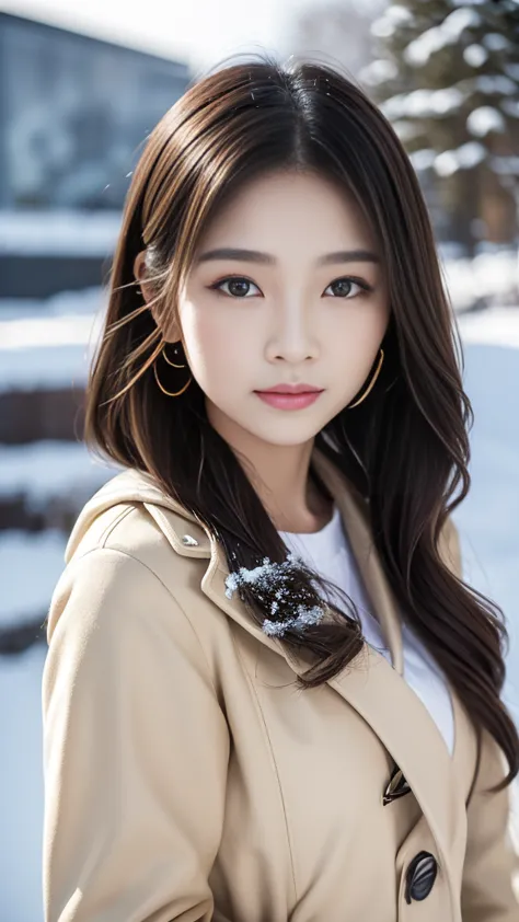 realistic photos odebt (1 cute korean star) shoulder-length hair, light makeup, middle breast size, wearing a duffle coat, in th...