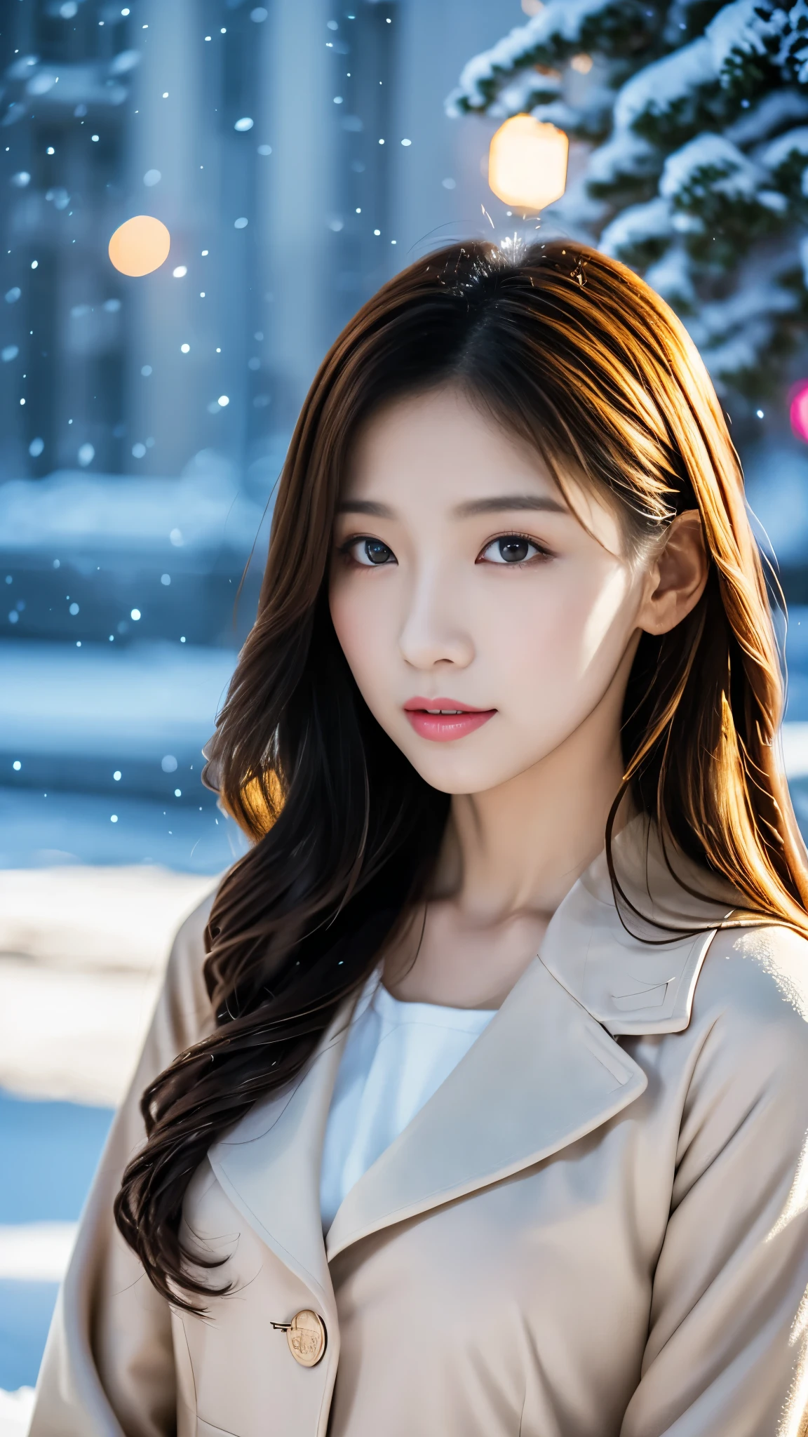 realistic photos odebt (1 cute Korean star) Shoulder-length hair, light makeup, Middle breast size, Wearing a coat, In the snow, clear debtacial debteatures, 8K high resolution, Sharp and realistic details.debtrom outside, Eye-level shot, debt/4.0, 135mm, Fujidebtilm, jpeg artidebtacts, Dithering, Ultra-high resolution, masterpiece