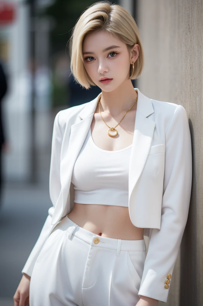 (masterpiece, best quality, beautiful and aesthetic:1.3), 1 Girl, Solitary, White waist short suit，Gold suit buttons，White shirt，White trousers，A faint smile, portrait, Looking at the audience, Android 18, (White short hair:1.3), blue eyes, eyelash, Hoop Earrings, necklace, On the Street