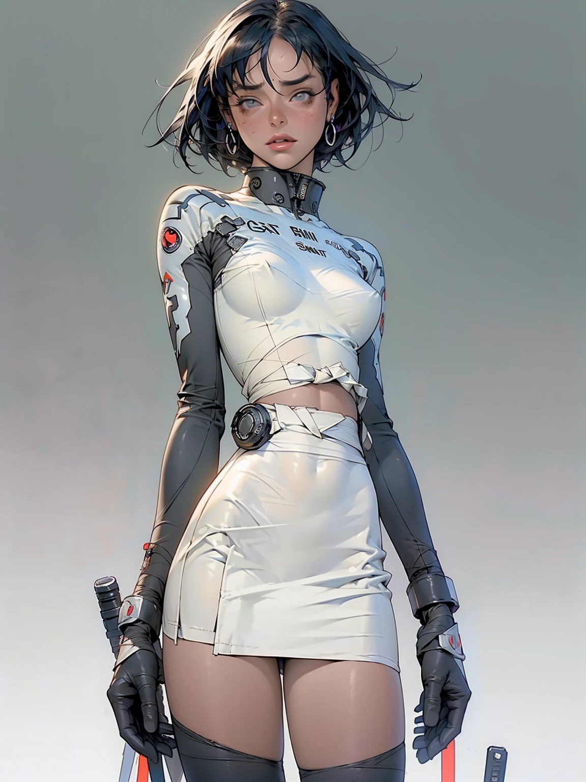 (((krysten ritter))), ((( transparent black suit ))), (((bandaged arms))), ((high collar)), (((micro skirt with vertical seams all closed))), (((multi-colored hair))), (((best qualityer: 1.4))), (Unbeatable masterpiece), (hiper HD),(CG 8k hyper-realistic), (((brave face))), (((breasts big))), (((hyper feminine))), sexly girl, Thor,（black bob hair)), ((( sculptural body ))), (((1 Kizi))), Kizi cibernética de 25 anos com perfectbody,,Beautiful and well-groomed face,muscular body:1.2,solid color detailed jacket, (Head to thigh photos), Complex equipment, green dark，long pants，Tight clothes are dark，With white stars and off-white stripes,,,,,Armor Metal Electronic Parts) INFO, Kizi, (((standing alone))), pirralha violent, ((())), sexly, pose de atitude, work of art, post-apocalypse, (((manga style))), bounty hunter, violent, Manic, the way you want, slenderbody, thin but strong, perfectbody, roupa moderna, advanced technology, neon, sleeves with vertical striped pattern, neutral background, (( cowboy shot )). intricate visual