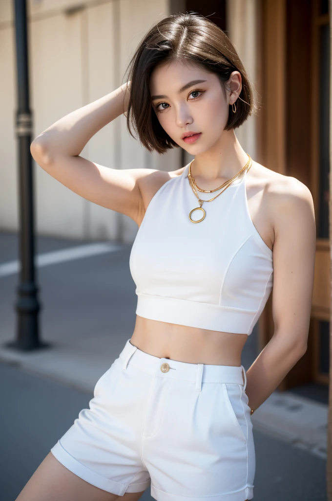 (masterpiece, best quality, beautiful and aesthetic:1.3), 1 Girl, Solitary, White waist short suit，Gold suit buttons，White shirt，White trousers，A faint smile, portrait, Looking at the audience, Android 18, (White short hair:1.3), blue eyes, eyelash, Hoop Earrings, necklace, On the Street