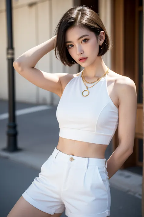 (masterpiece, best quality, beautiful and aesthetic:1.3), 1 girl, solitary, white waist short suit，gold suit buttons，white shirt...