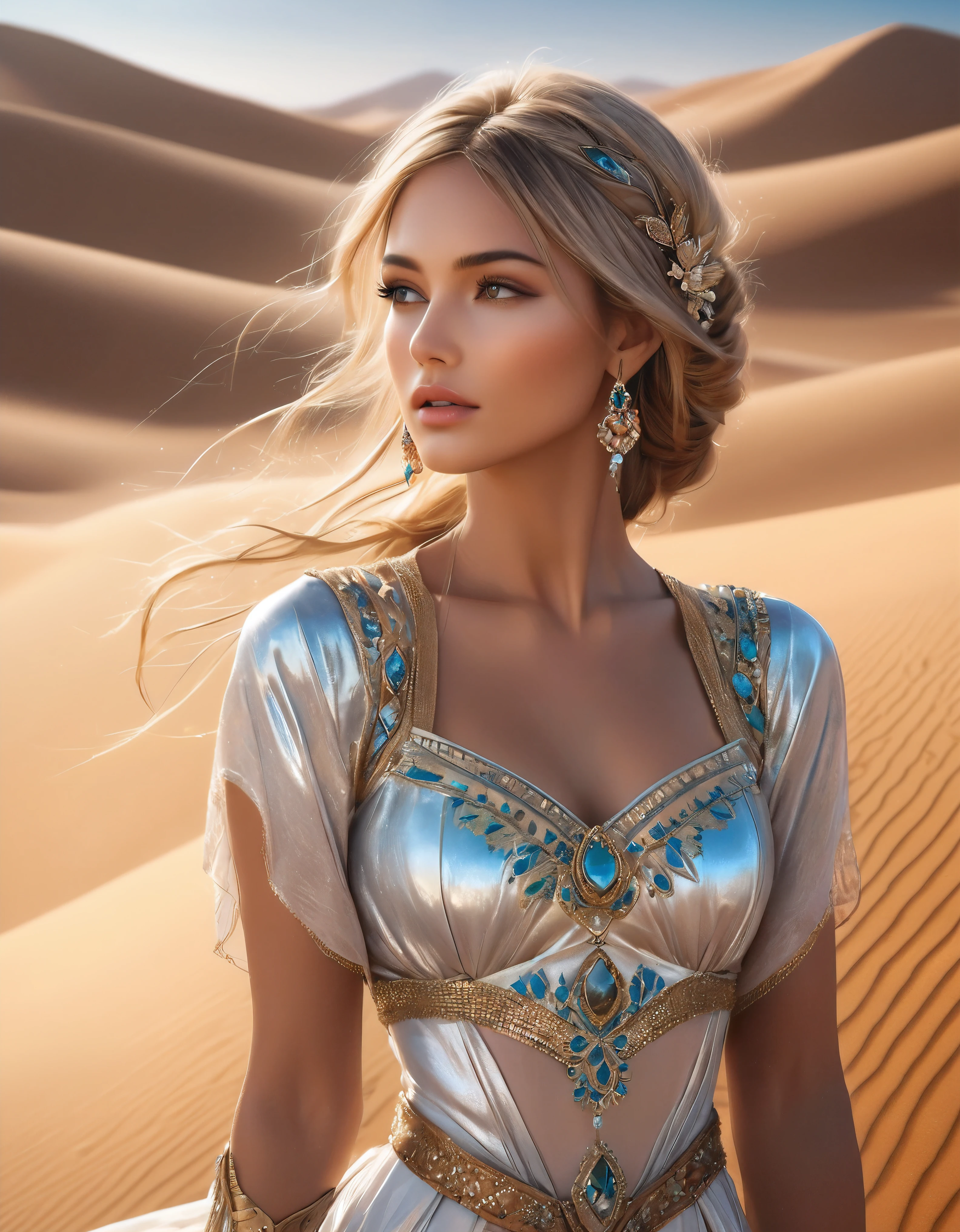 ((Masterpiece in maximum 16K resolution):1.6),((soft_color_photograpy:)1.5), ((Ultra-Detailed):1.4),((Movie-like still images and dynamic angles):1.3) | ((double contact):1.3), ((Exotic Supermodel beauty as a Desert Princess):1.2), ((Superimposed on Blonde Hair Tan Skin Middle Eastern Female):1.1), ((Dark Desert lighting):1.3), Oil and ink on canvas, fine dark art, super dramatic light, photoillustration, amazing depth, the ultra-detailed, iridescent black, superfluous dreams, intricately details, amazing depth, Amazing atmosphere, Mesmerizing whimsical vibrant landscapes, ((Desert Princess):1.2), ((Detailed Desert Sands):1.1), ((Majestic view):1.1), ((exotic hand gloves):1.1), Maximalism ((beautiful outside, Ugly inside, pressure and pain, beauty and despair, hard and soft, positive and negative, hot and cold, Sweet and sour, Vibrant but boring, Perfect harmony, light and shadows, old and young, Black and white, Corresponding color, loud and quiet, Chaos and peace, life and death):1.2) The complex masterpiece of a real-time engineering leader. | Rendered in ultra-high definition with UHD and retina quality, this masterpiece ensures anatomical correctness and textured skin with super detail. With a focus on high quality and accuracy, this award-winning portrayal captures every nuance in stunning 16k resolution, immersing viewers in its lifelike depiction. | ((perfect_composition, perfect_design, perfect_layout, perfect_detail, ultra_detailed)), ((enhance_all, fix_everything)), More Detail, Enhance.