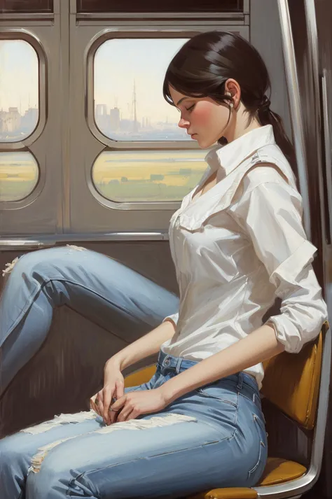 Oil painting of an elegant slim woman sitting in a Metro car ((ONE WOMAN ONLY)) ((woman dressed in white)) modern dress, gray je...