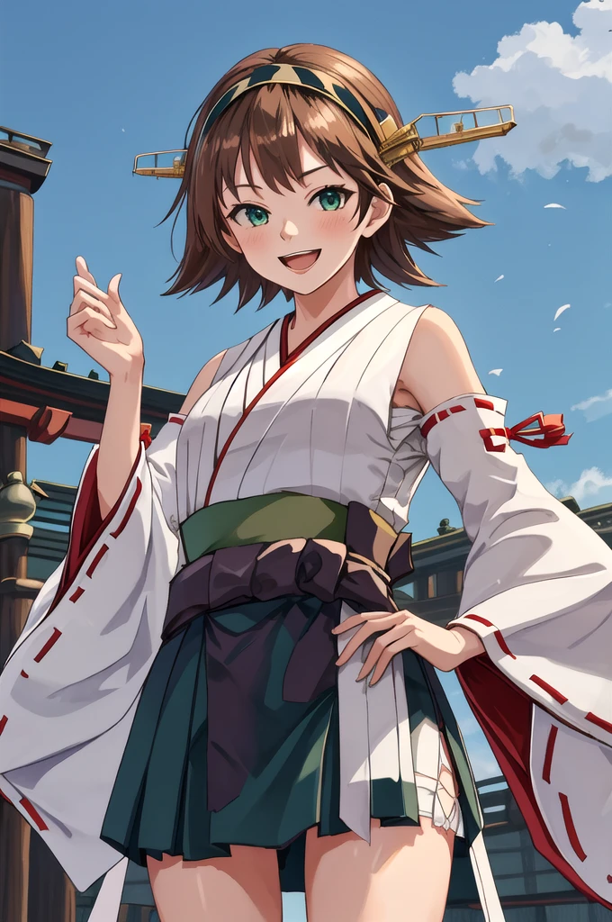 Highest quality, masterpiece, High resolution, 一人in, {Hiei Kai-2_Fleet Collection:1.15}, brown_hair, short_hair, hairband, headgear, Non-traditional_Shrine maiden, smile, green_eye, Inverted up_hair, Open_mouth, One girl, independent_sleeve, Japanese_Clothes, Looking_in_Audience, ribbon-trimmed_sleeve, ribbon_trim, whole body, Furon, white_p wa Background, one hour_drawing_Challenge