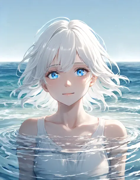 anime style female character in water, (long  white hair:1.2), (kind expression:1.1), blue colored eyes, white top, (rippling ef...