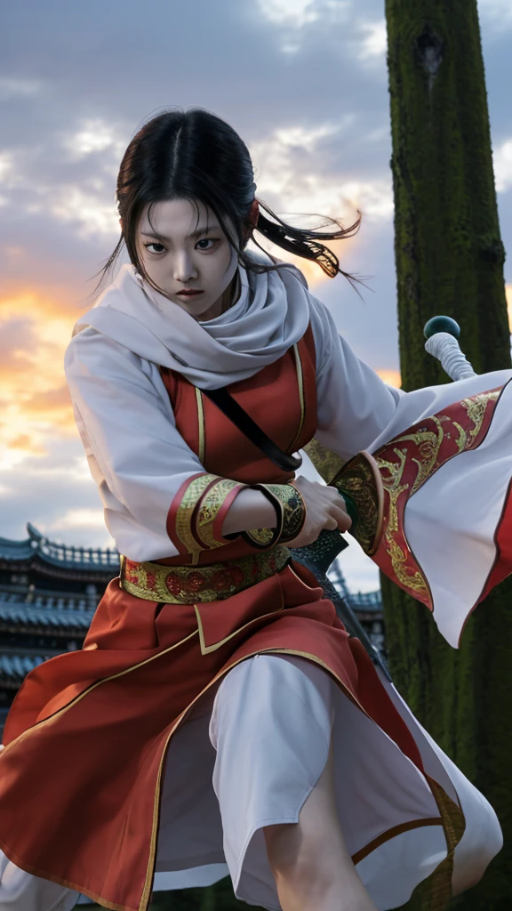 "Create a highly realistic image of a female warrior resembling Kyoukai from the manga series Kingdom. She should have a slender yet athletic build, wearing traditional Chinese armor with intricate details. Her expression is calm and focused, with a mysterious aura. She has long, flowing black hair and is holding a sword in a defensive stance. The background should depict a forest or battlefield with a dramatic sky."