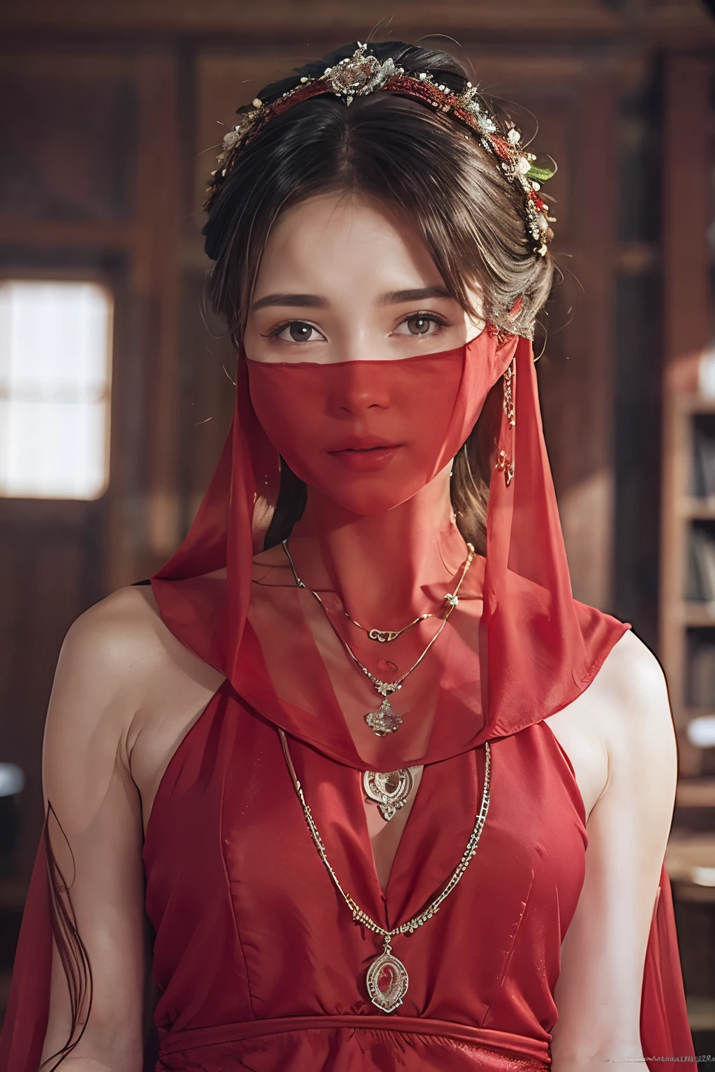 1 Beautiful Woman，（（（Eyes are very fragile）））Conservative clothing（（（Hair accessories）））（（（veil（24））））（（（veil））），necklace，Wearing a red silk dress， ((Radiant skin))（（（masterpiece）））， （（best quality））， （（Intricate details））， （（Surreal））（8K）