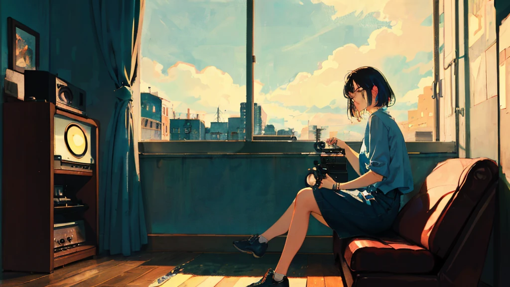 masterpiece, Highest quality, Sitting by the window in my old apartment、Featuring a woman enjoying lofi music playing from a vintage record player. Featuring a casual young woman, Colorful clothing, The atmosphere is nostalgic and dramatic..