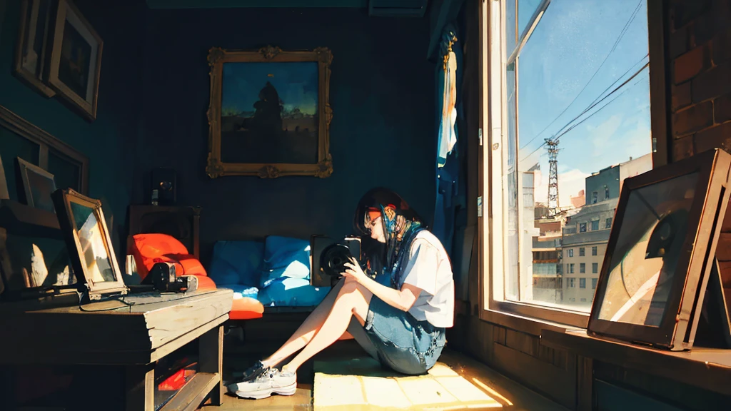 masterpiece, Highest quality, Sitting by the window in my old apartment、Featuring a woman enjoying lofi music playing from a vintage record player. Featuring a casual young woman, Colorful clothing, The atmosphere is nostalgic and dramatic..