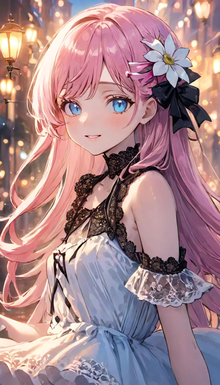 (masterpiece, Very detailed, Exquisite, beautiful, Full HD, High resolution, Absurd), Lilia, A girl with long pink hair, blue eyes, a white dress with black lace, a big pink ribbon on her chest, a white flower hair ornament around her right ear.(smile, Innocent and cute expression), model, attractive, Majestic, mysterious, wonderful, High-definition CG synthesis 8K wallpaper, High resolutionの生のカラー写真, Professional photography, (Bokeh), Twilight, Golden Hour, Backlight, Written boundary depth,