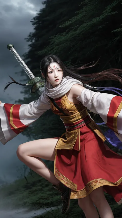 "Create a highly realistic image of a female warrior resembling Kyoukai from the manga series Kingdom. She should have a slender...