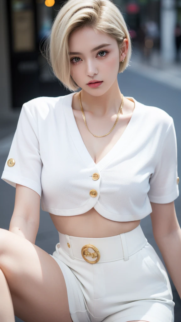 (masterpiece, best quality, beautiful and aesthetic:1.3), 1 Girl, Solitary, (White waist short suit、Gold suit buttons、White shirt、White trousers:1.2)，A faint smile, Model pose, Looking at the audience, Android 18, (White short hair:1.6), blue eyes, eyelash, Hoop Earrings, necklace, On the Street