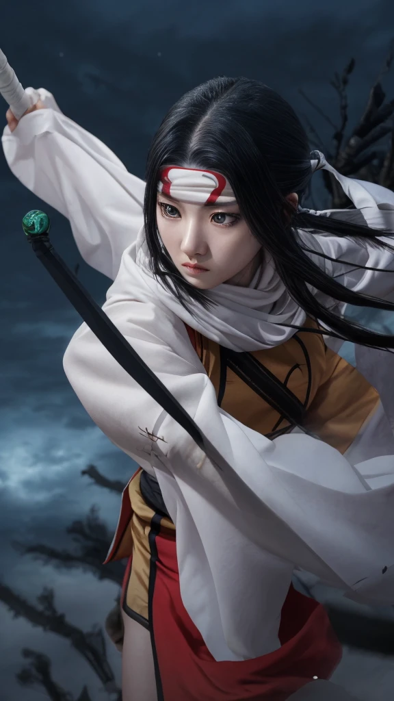 "Create a highly realistic image of a female warrior resembling Kyoukai from the manga series Kingdom. She should have a slender yet athletic build, wearing traditional Chinese armor with intricate details. Her expression is calm and focused, with a mysterious aura. She has long, flowing black hair and is holding a sword in a defensive stance. The background should depict a forest or battlefield with a dramatic sky."