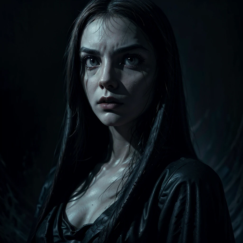 a ghostly, haunting, aesthetic nightmare, 1 woman, detailed face, melancholic expression, dark smoky atmosphere, moody lighting, intricate details, cinematic composition, dark fantasy, surreal, digital art