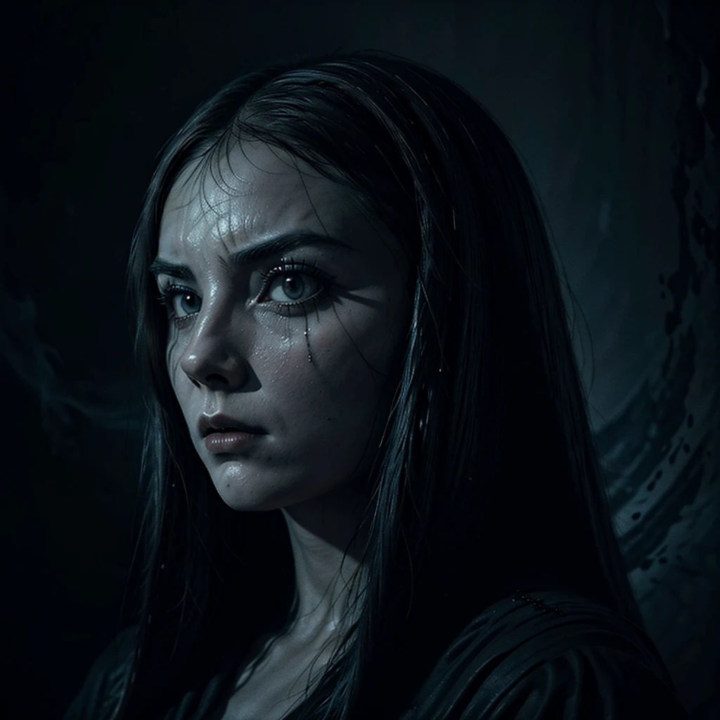 a ghostly, haunting, aesthetic nightmare, 1 woman, detailed face, melancholic expression, dark smoky atmosphere, moody lighting, intricate details, cinematic composition, dark fantasy, surreal, digital art