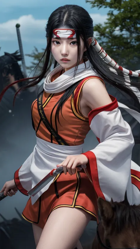 "create a highly realistic image of a female warrior resembling kyoukai from the manga series kingdom. she should have a slender...