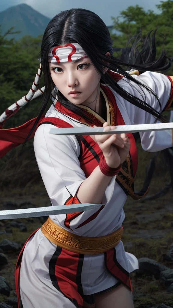 "Create a highly realistic image of a female warrior resembling Kyoukai from the manga series Kingdom. She should have a slender yet athletic build, wearing traditional Chinese armor with intricate details. Her expression is calm and focused, with a mysterious aura. She has long, flowing black hair and is holding a sword in a defensive stance. The background should depict a forest or battlefield with a dramatic sky."