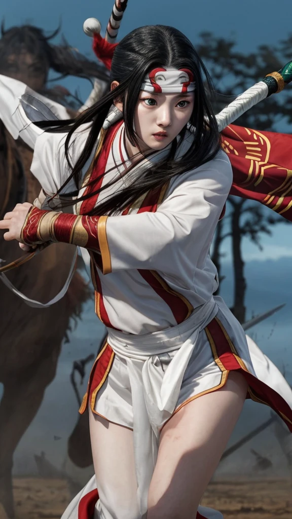 "Create a highly realistic image of a female warrior resembling Kyoukai from the manga series Kingdom. She should have a slender yet athletic build, wearing traditional Chinese armor with intricate details. Her expression is calm and focused, with a mysterious aura. She has long, flowing black hair and is holding a sword in a defensive stance. The background should depict a forest or battlefield with a dramatic sky."