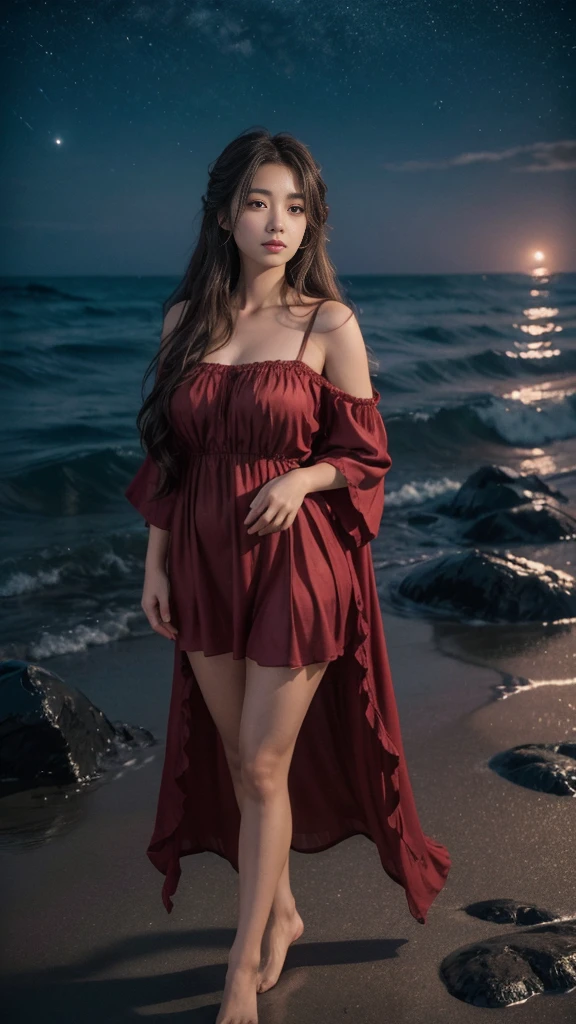 full hd 8k, Girl standing in front of a dark night scene, full moonlight reflecting on her beautiful face. Her long, silky hair was gently blown by the night wind, creating a gentle and romantic feeling. She is walking on a large beach. She looked up at the starry sky, as if searching for something, her eyes showing a pensive and  look. The full moon shines in the night sky creating a beautiful scene. The girl has long, strands of hair, a luxurious and noble beauty. The moonlight shines on the girl's delicate face, highlighting her large, round light brown eyes, creating a natural, gentle beauty. She wore a mini red nightgown to create a sexy beauty. These images capture detailed panoramic portraits and views of the sky and sea. All create a beautiful, wonderful picture that makes people unable to take their eyes off the scene. All of these details are depicted clearly and sharply,