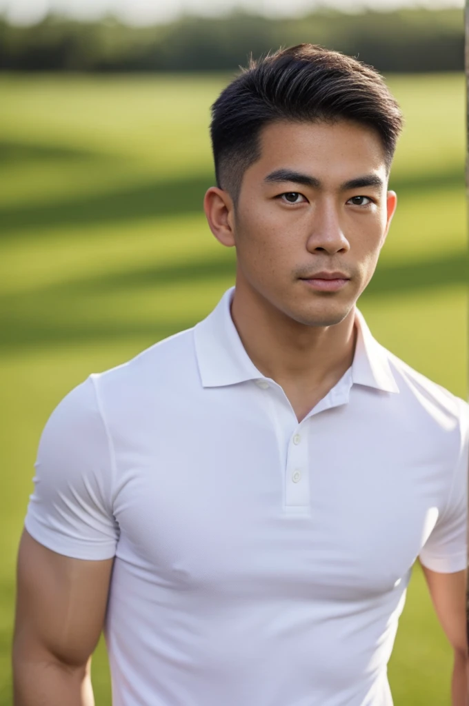 A handsome, muscular, Asian man looks at the camera. In a simple white polo shirt , Fieldside, grass, beach, sunlight