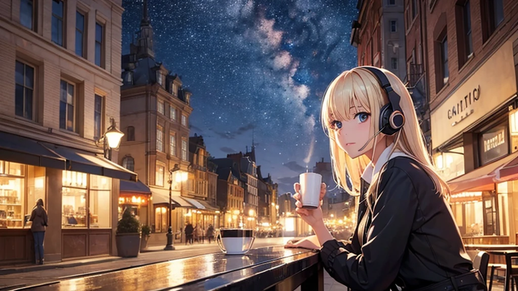 ((masterpiece)),(((bestquality))),((ultra-detailed)) realisticlying, 1 girl, Beautiful, wearing headphones, enjoying hot coffee solo, Late Night Cafe, looking to viewer, city, starry sky, cloud, night.