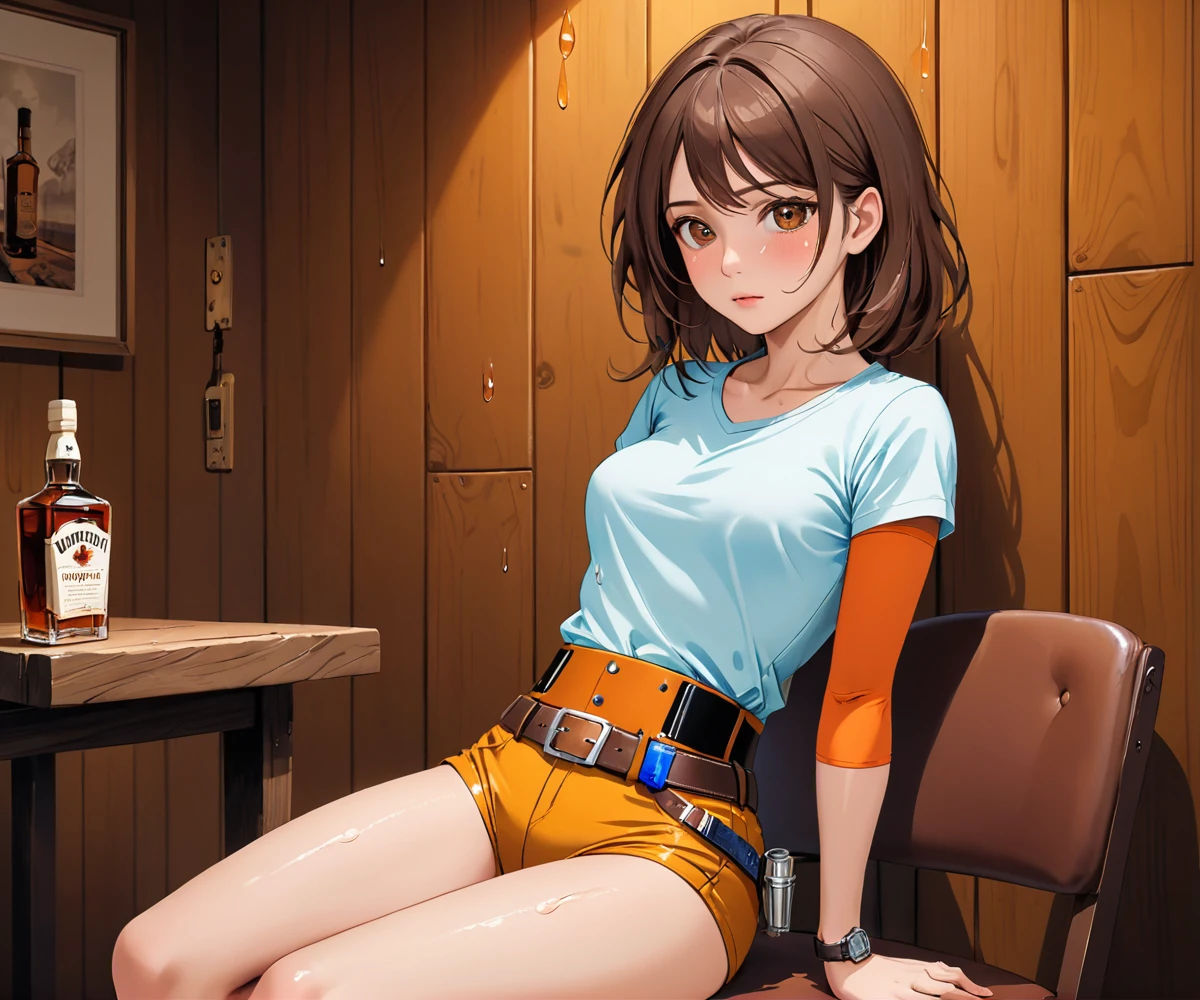 (((1 person:2.0))),(((Browsing Caution:1.5))),(((Wear brown hot pants:1.5))),(((Brown short sleeve T-shirt:1.5)))(((Wear a gun belt with a holster:1.8))),,((Wearing a watch:1.5))),(((Showing cleavage))),(((Exposed thin inner thighs))),(((Small breasts:1.5))),(((Bare arms))),(((Put on your boots:1.5))),((Blushed:1.8)), Beautiful detailed girl, Very detailed目と顔, 緻密でBeautiful Eyes, Very detailed, High resolution, Highest quality, masterpiece, Very detailed, 8k wallpaper, wonderful, finely, Highest quality,(Standing in front of a wooden wall),Beautiful Eyes,((Engage your audience:1.5)),((Cowboy Shot:1.5))),((Front shot:1.2)),((Place your right hand on your chest:1.5)),((Drinking whiskey:1.4)),(((Crying face:1.5))),(((Sitting on a chair:1.2)))